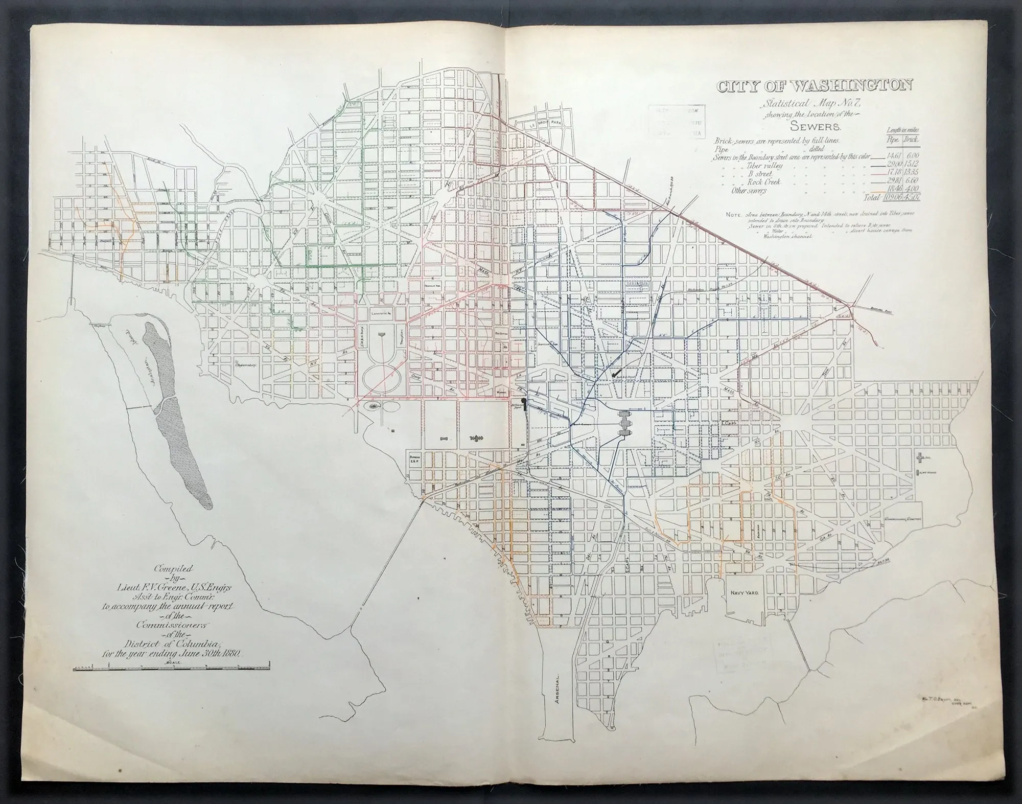 1880 F V Greene Large Antique Map Location of the Sewer System in Washington DC