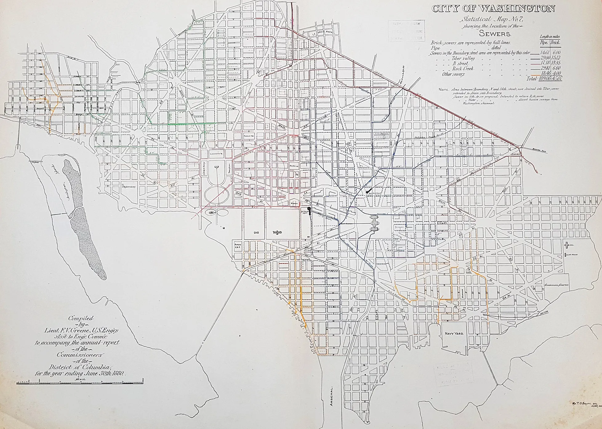 1880 F V Greene Large Antique Map Location of the Sewer System in Washington DC