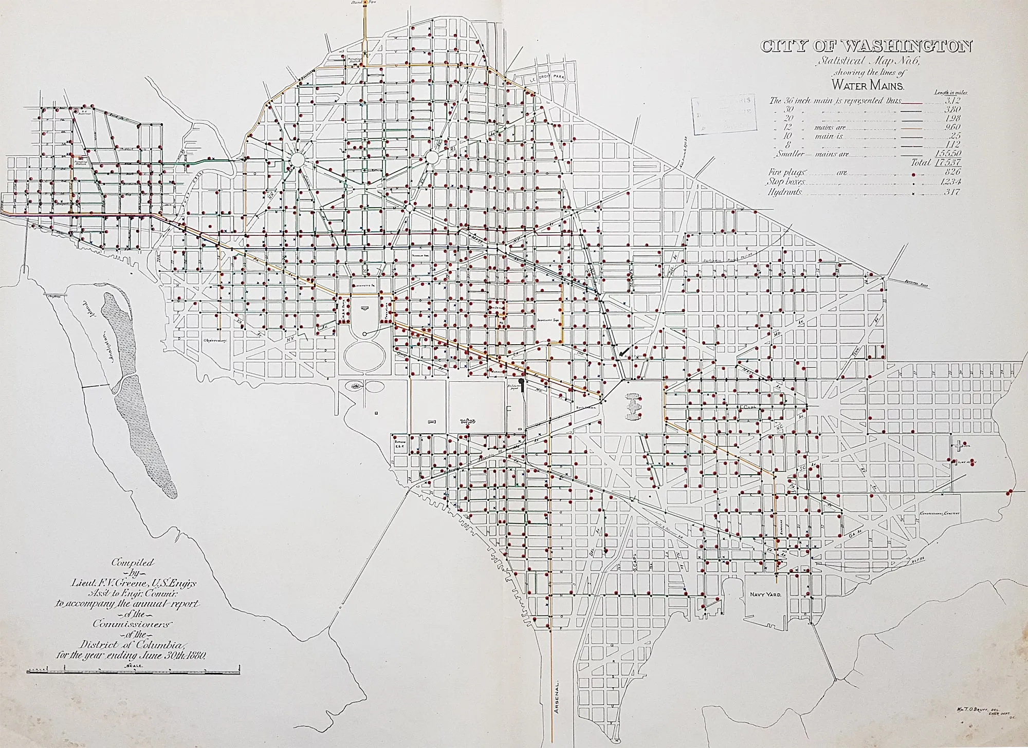 1880 F V Greene Large Antique Map Location of the Water Mains in Washington DC