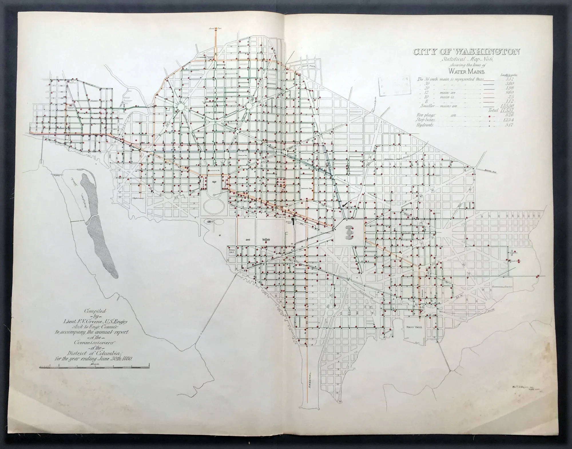 1880 F V Greene Large Antique Map Location of the Water Mains in Washington DC