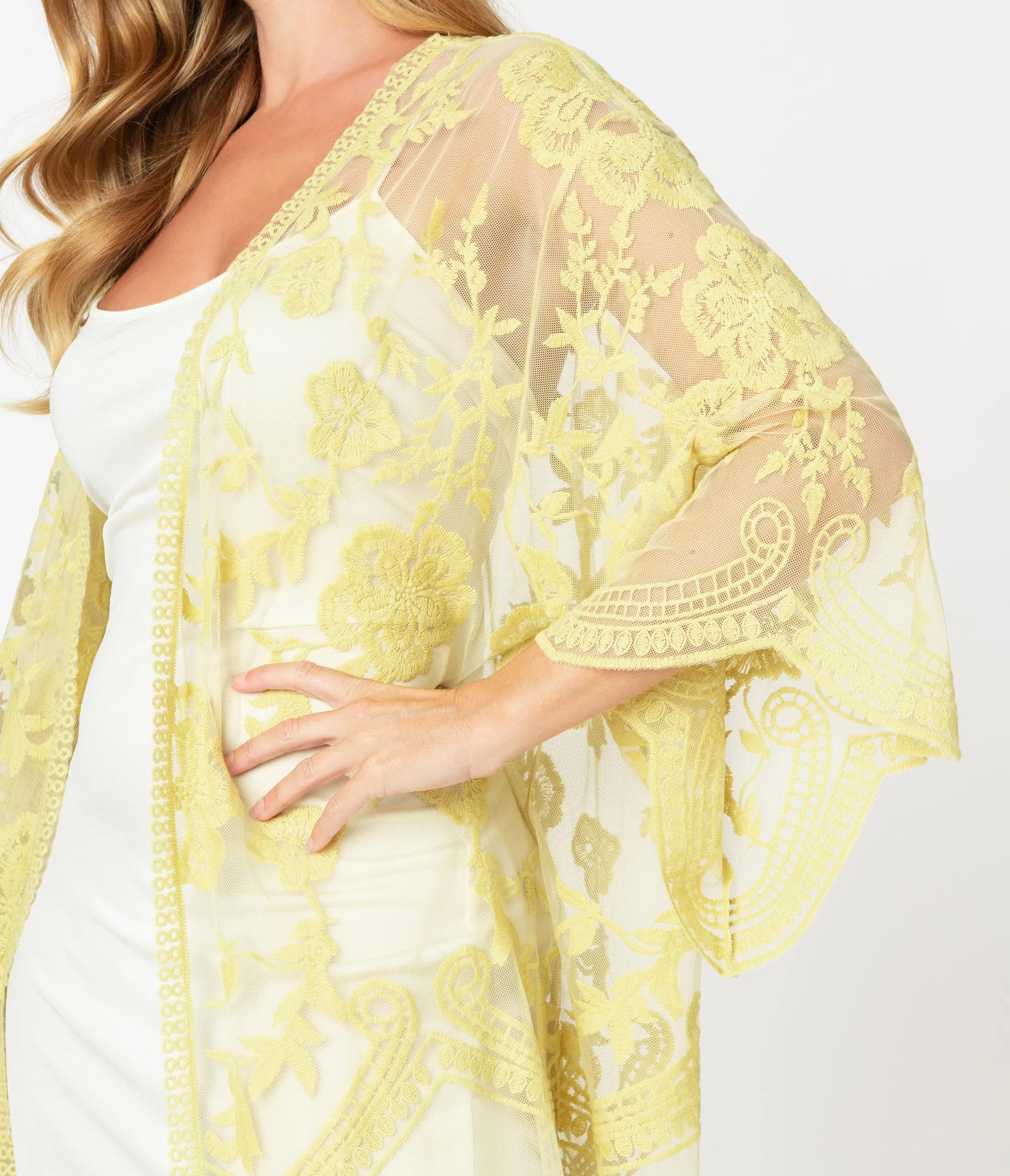 1920s Style Daffodil Yellow Crochet Lace Kimono