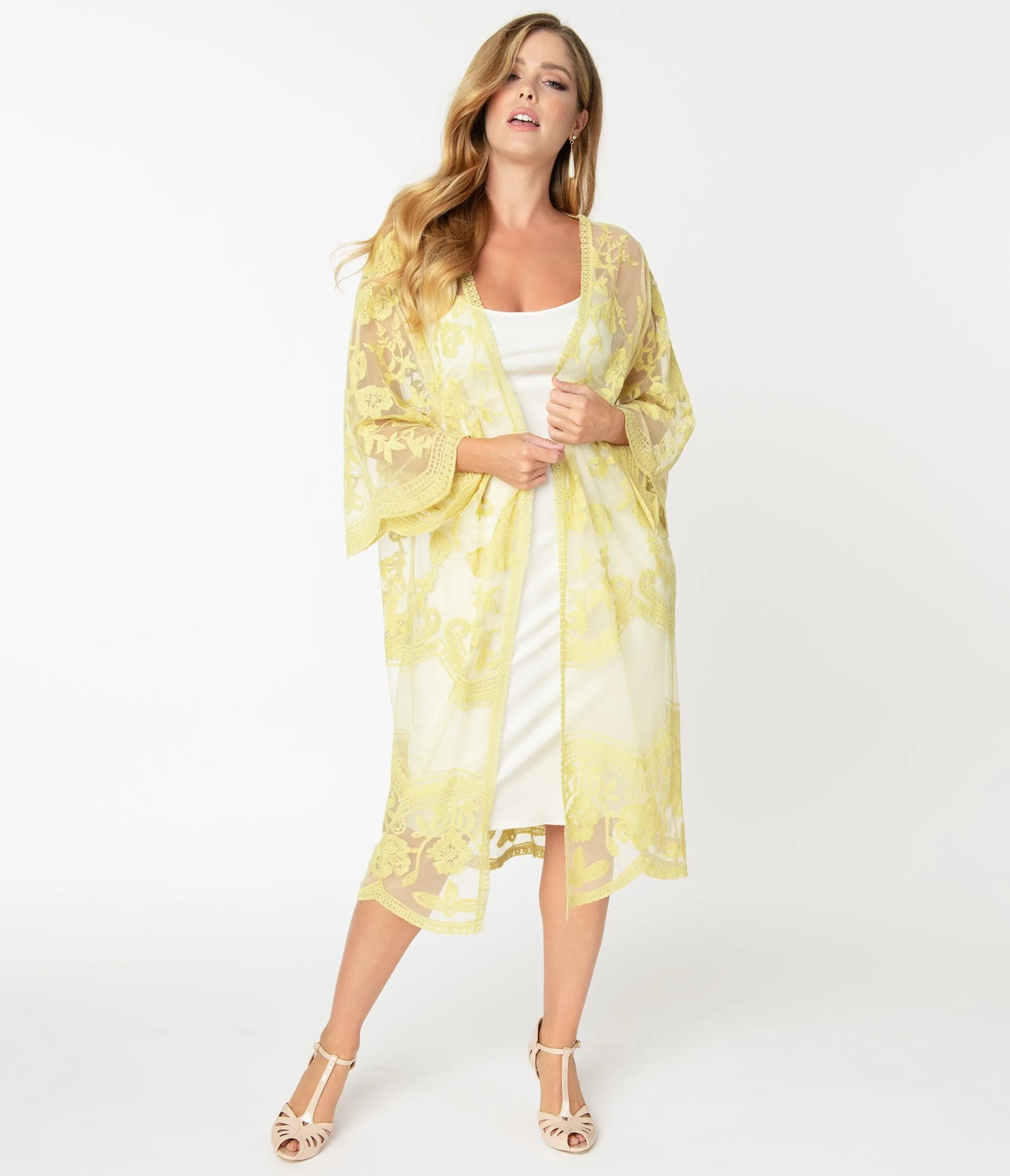 1920s Style Daffodil Yellow Crochet Lace Kimono