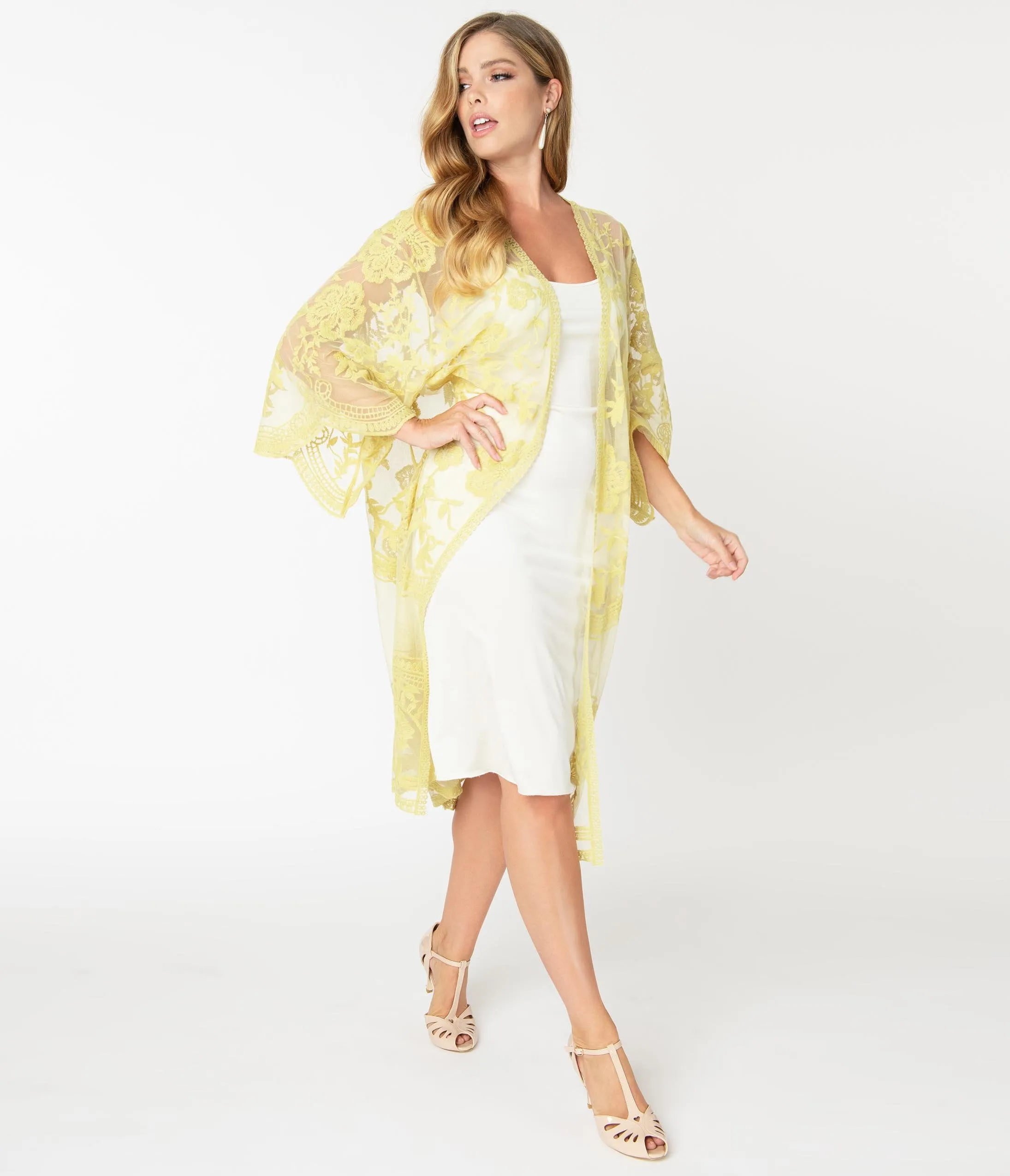 1920s Style Daffodil Yellow Crochet Lace Kimono