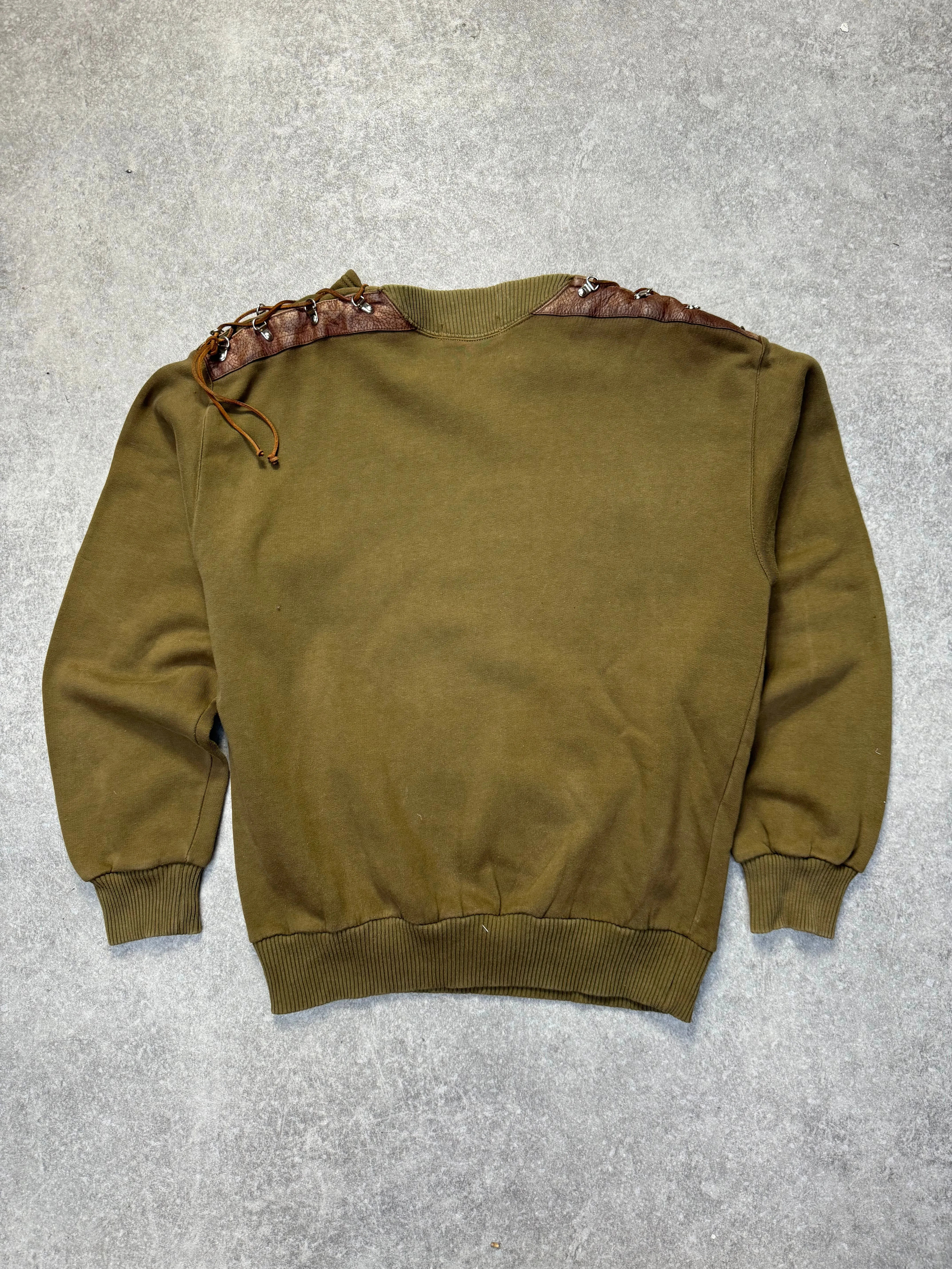 80s Vintage Armani Leather Lace-up Khaki Sweater