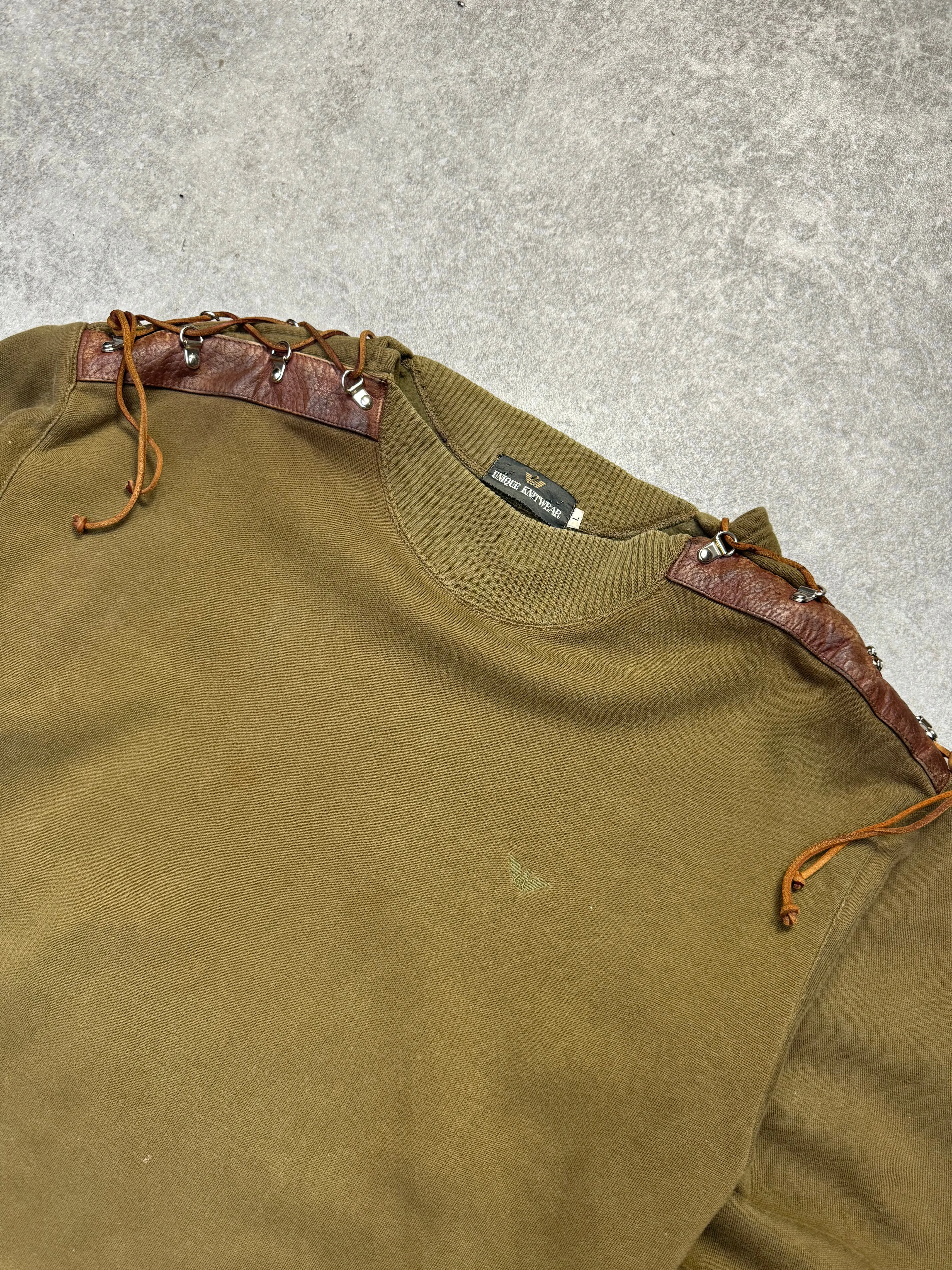 80s Vintage Armani Leather Lace-up Khaki Sweater