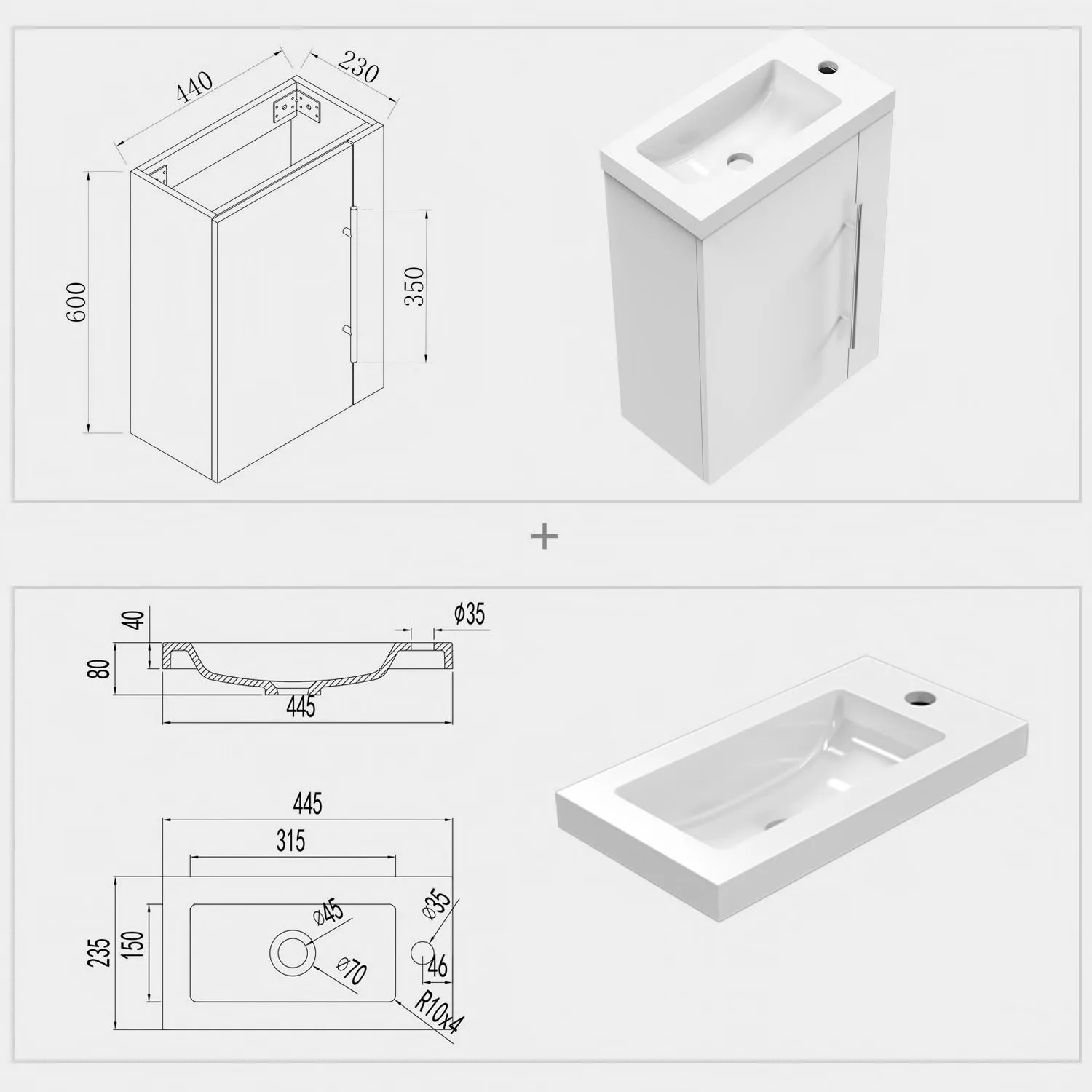 Aica Mobile Bagno Monoblocco Sospeso 44×23×60 cm per Piccoli Spazi con Maniglia e Lavabo in Alluminio