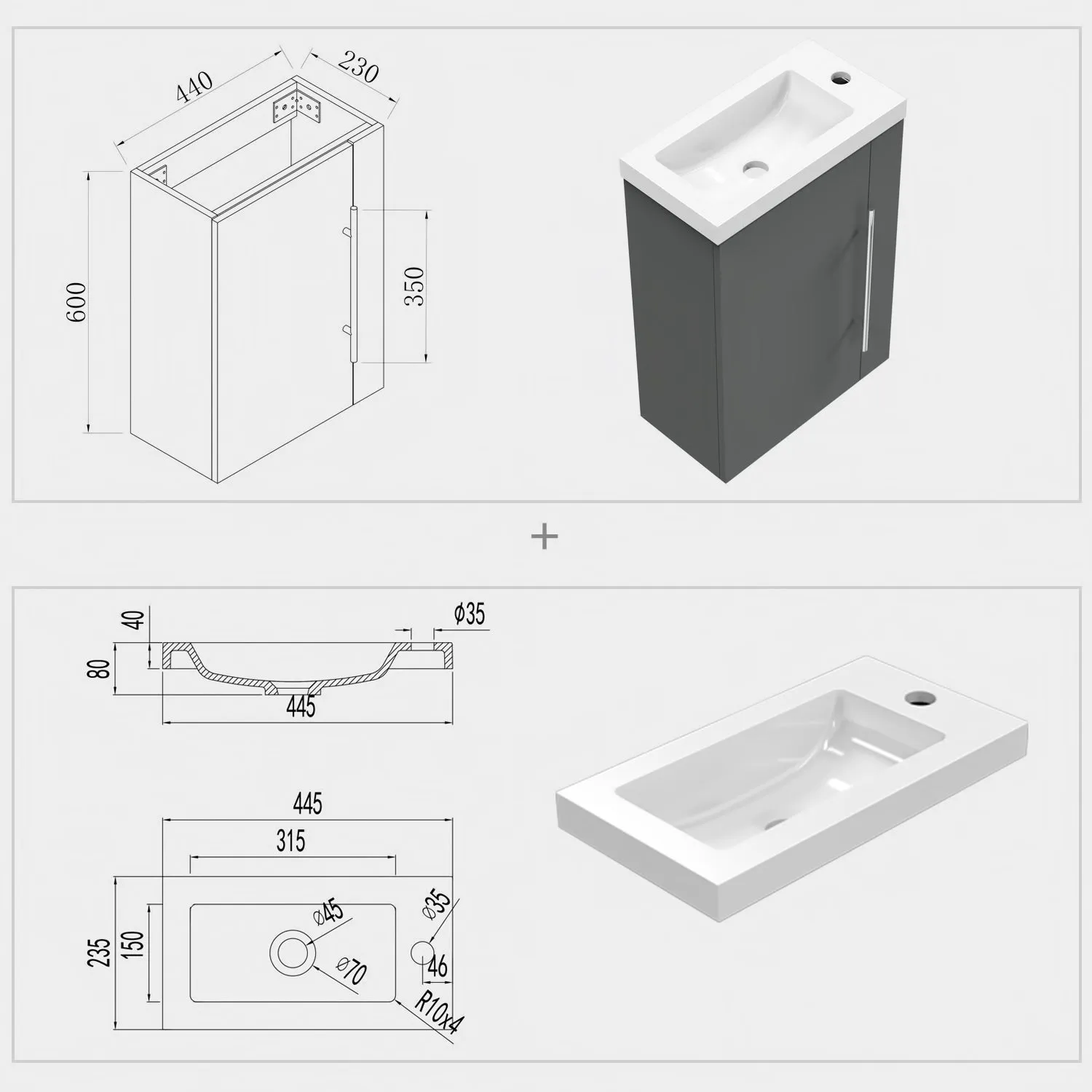 Aica Mobile Bagno Monoblocco Sospeso 44×23×60 cm per Piccoli Spazi con Maniglia e Lavabo in Alluminio