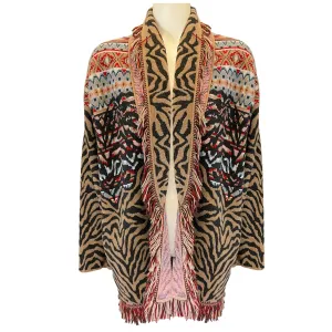 Alanui Tan Multi Tiger Jacquard Fringed Cardigan