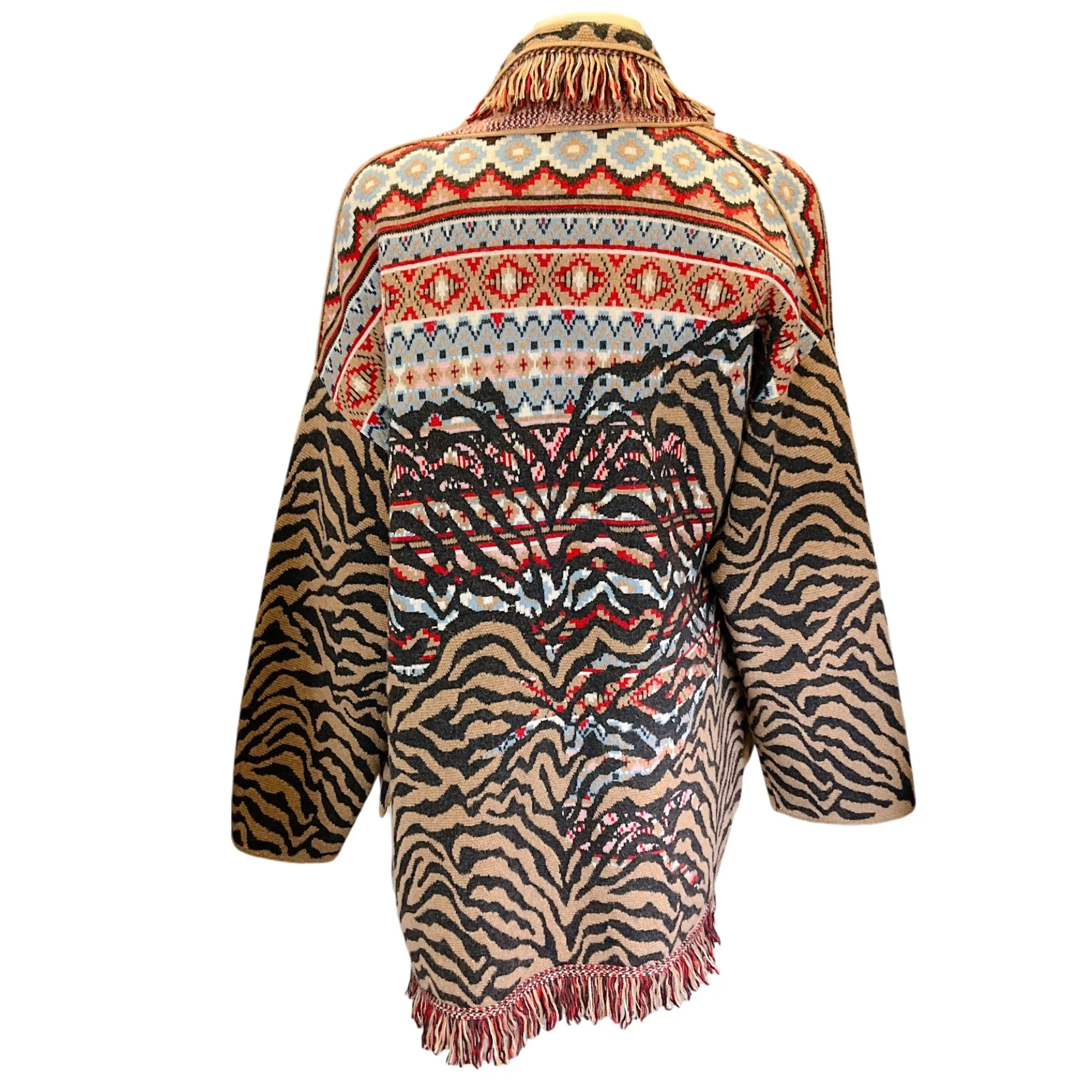 Alanui Tan Multi Tiger Jacquard Fringed Cardigan