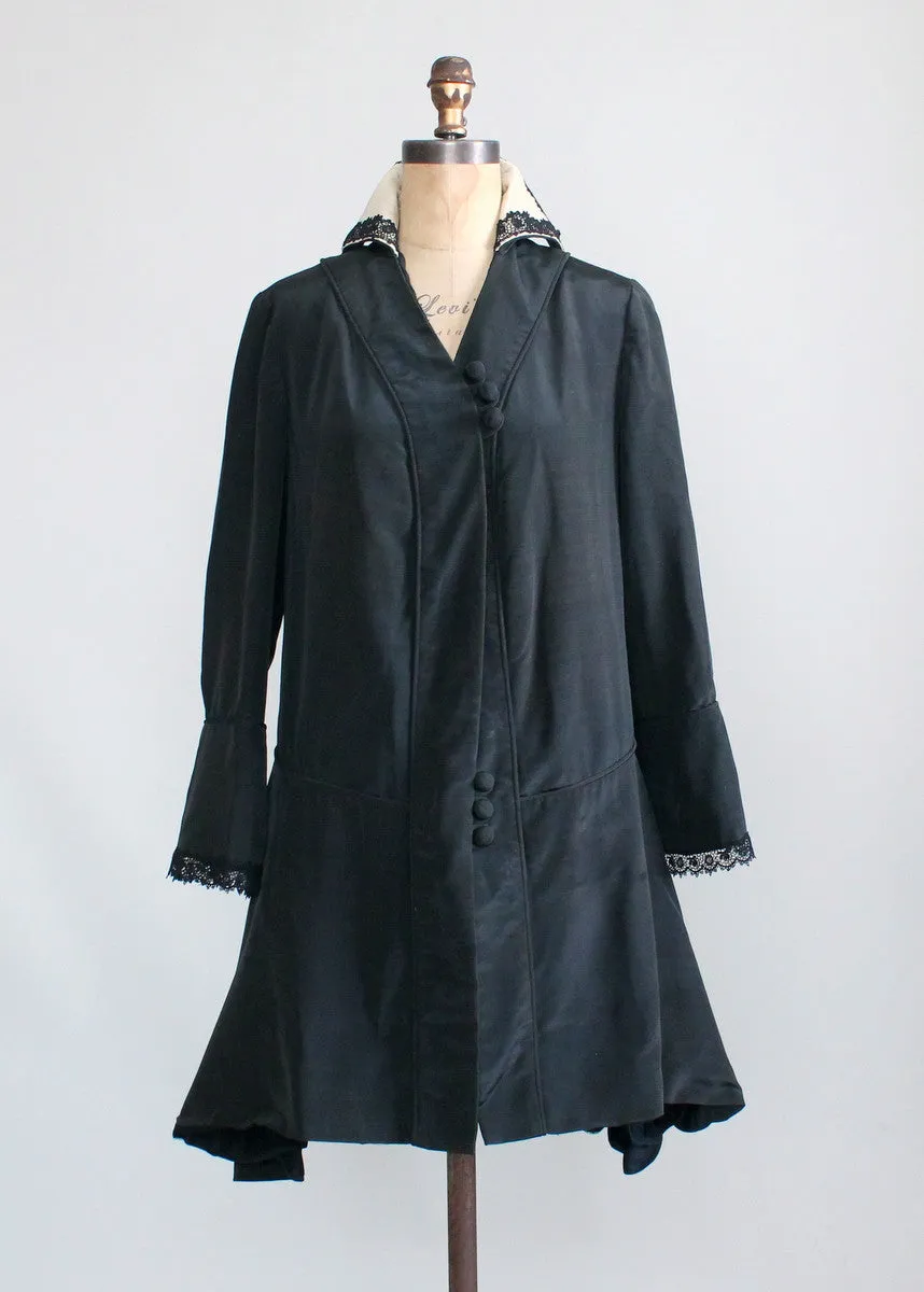 Antique Edwardian Black Silk Coat with Stand Up Collar