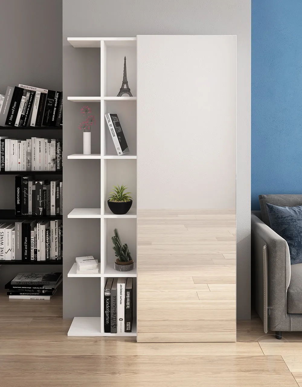 Armadietto scarpiera con libreria in legno anta con specchio cm 87x28x160h