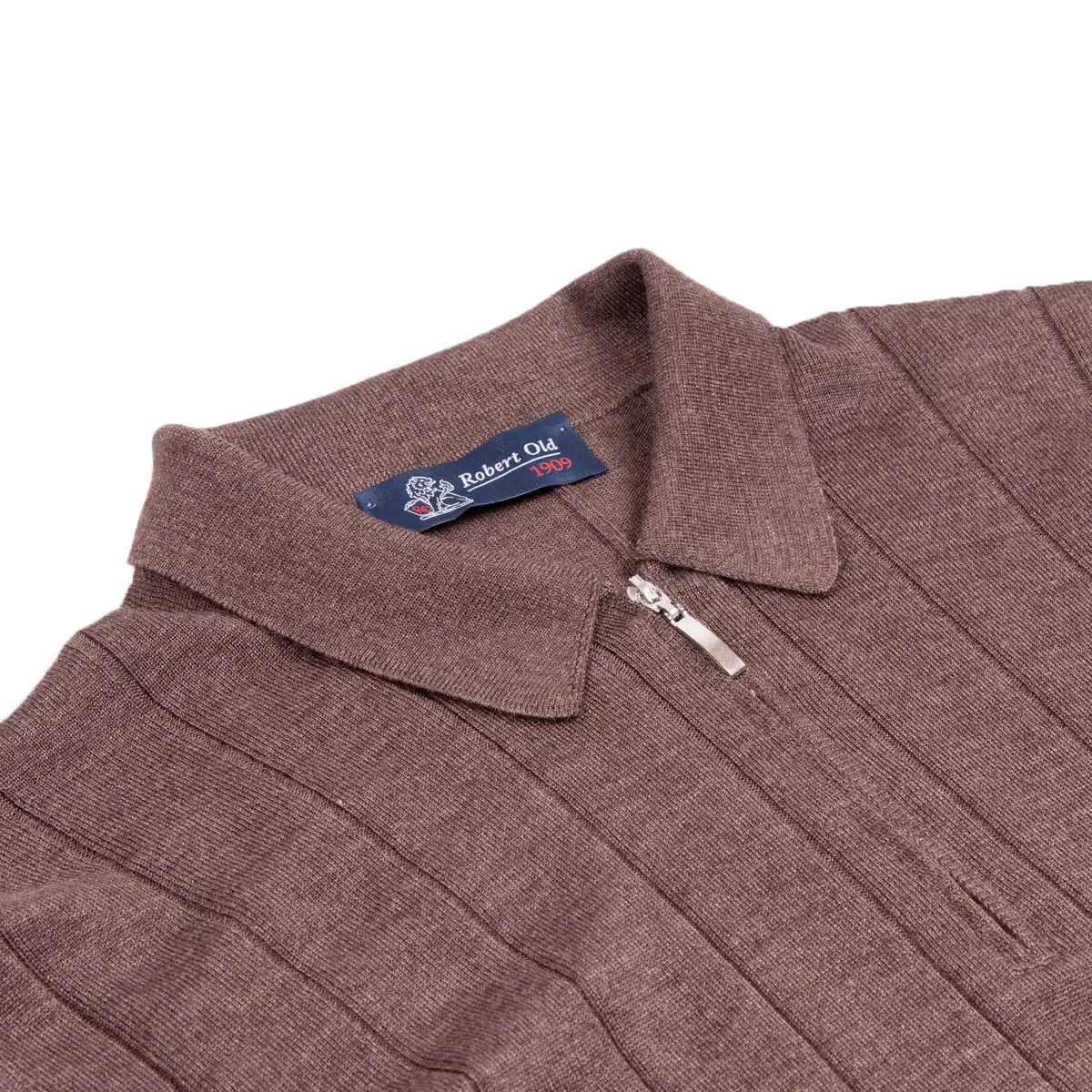 Chocolate Fine Wool & Silk Zip-Neck Polo