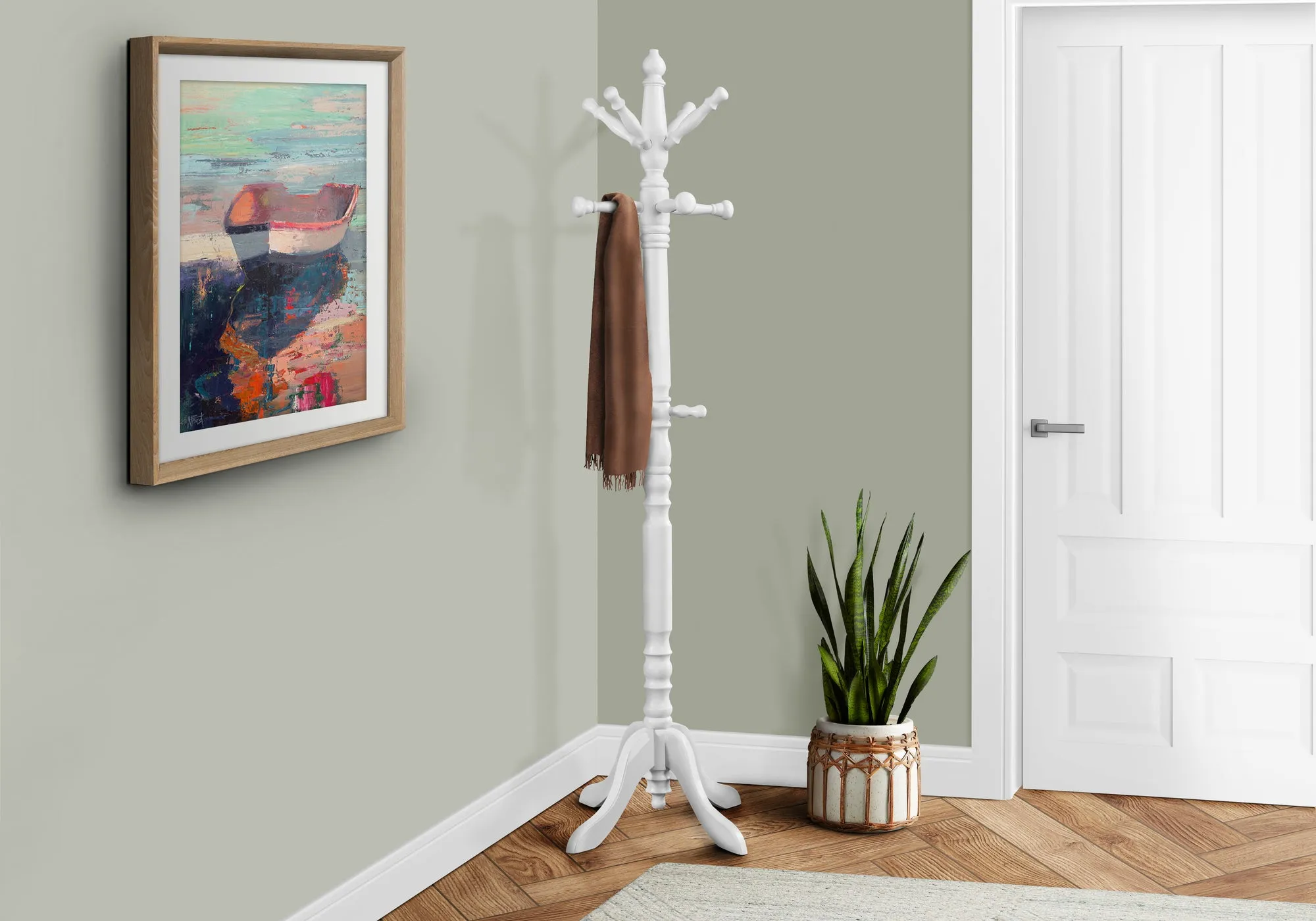 Coat Rack, Hall Tree, Free Standing, 11 Hooks, Entryway, 73"h, Bedroom, White Wood, Transitional