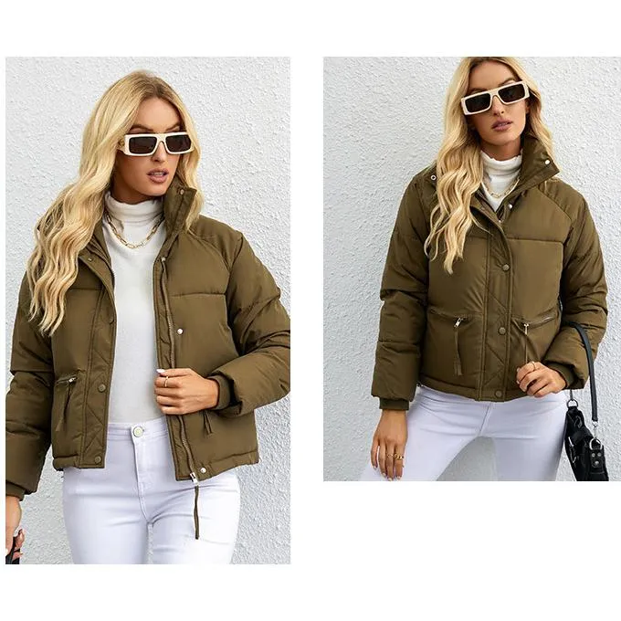 Cropped Zippered Pocket Stand-Up Collar Puffer Jacket