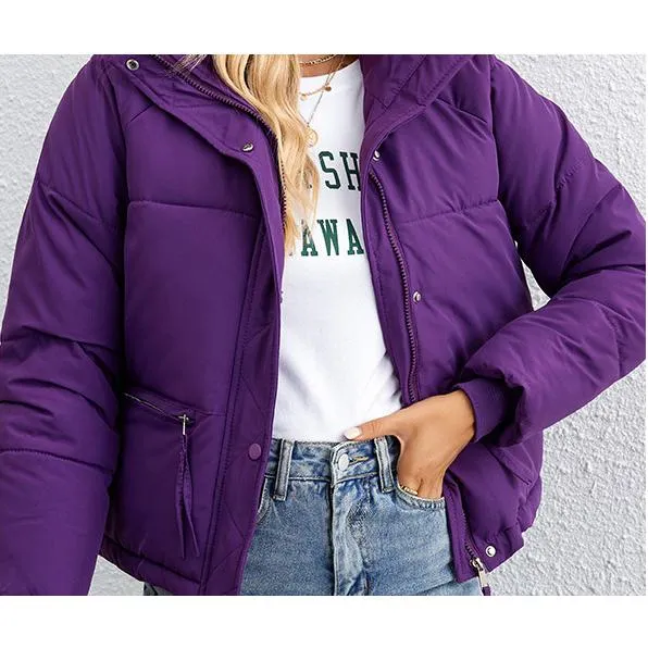 Cropped Zippered Pocket Stand-Up Collar Puffer Jacket