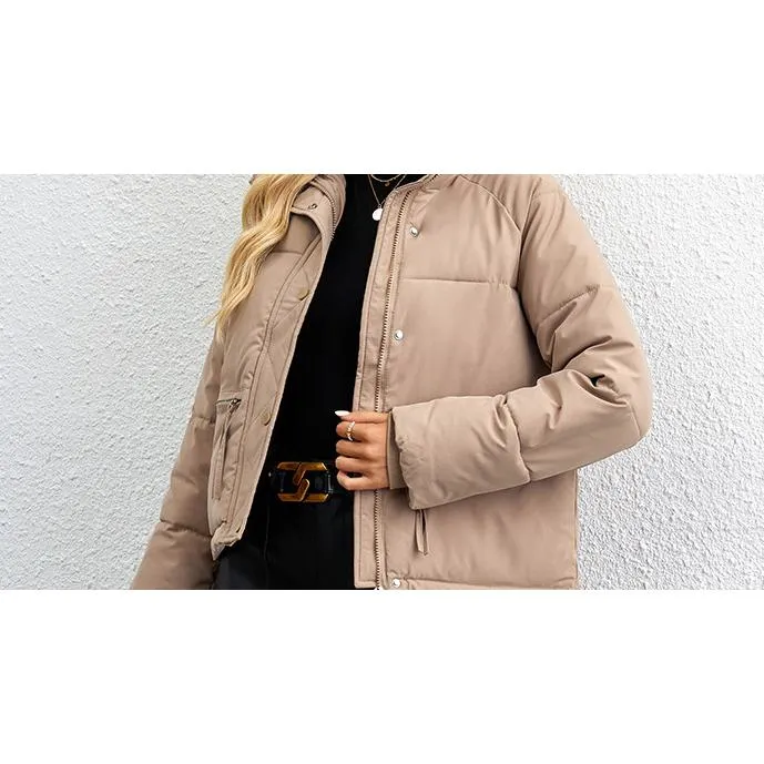 Cropped Zippered Pocket Stand-Up Collar Puffer Jacket