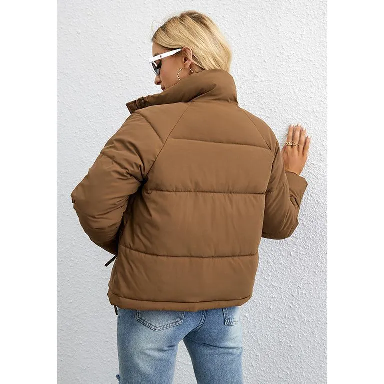 Cropped Zippered Pocket Stand-Up Collar Puffer Jacket