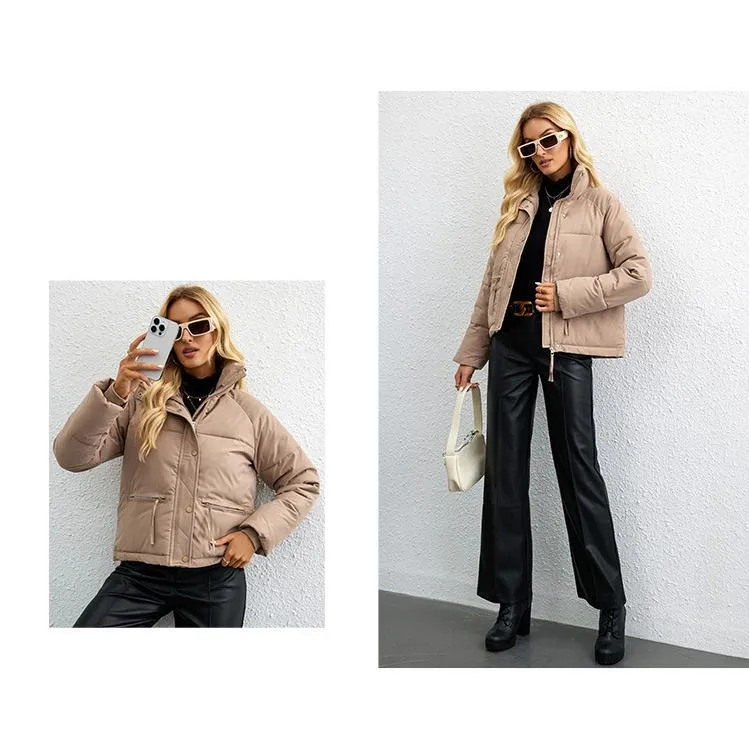 Cropped Zippered Pocket Stand-Up Collar Puffer Jacket