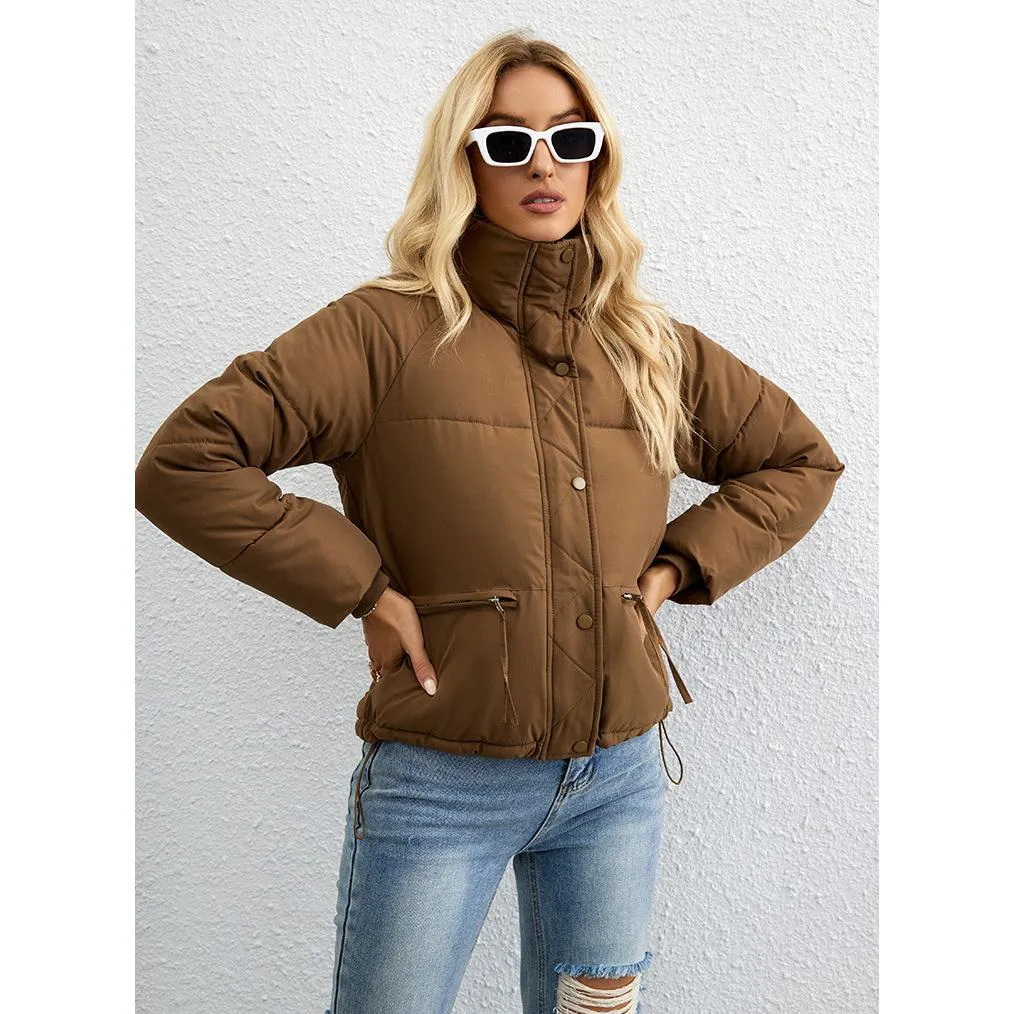 Cropped Zippered Pocket Stand-Up Collar Puffer Jacket