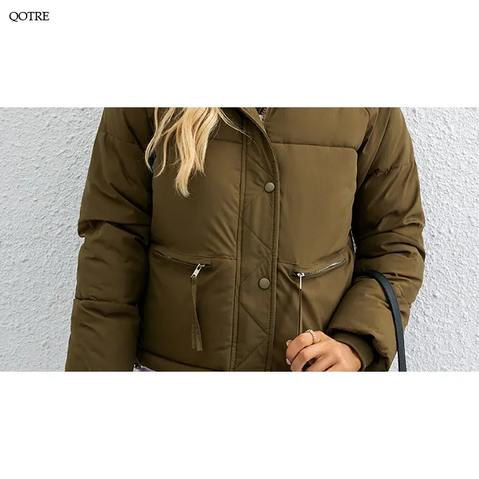 Cropped Zippered Pocket Stand-Up Collar Puffer Jacket