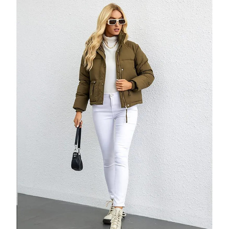 Cropped Zippered Pocket Stand-Up Collar Puffer Jacket