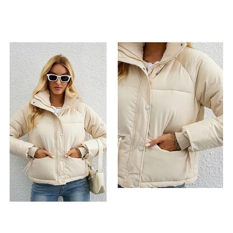 Cropped Zippered Pocket Stand-Up Collar Puffer Jacket