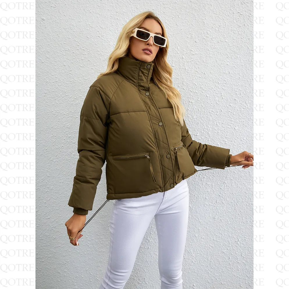 Cropped Zippered Pocket Stand-Up Collar Puffer Jacket