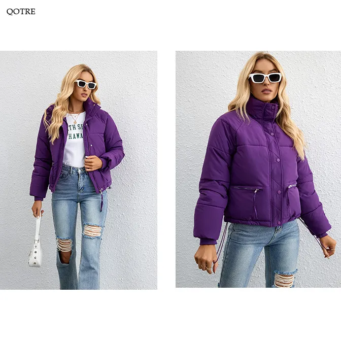 Cropped Zippered Pocket Stand-Up Collar Puffer Jacket