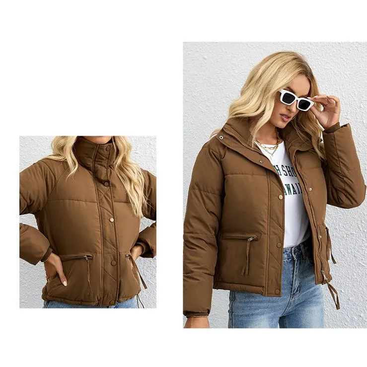 Cropped Zippered Pocket Stand-Up Collar Puffer Jacket