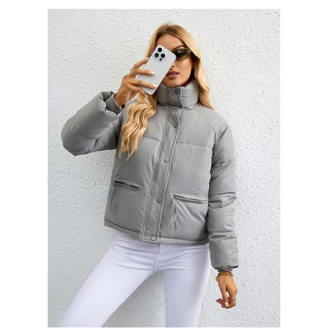 Cropped Zippered Pocket Stand-Up Collar Puffer Jacket