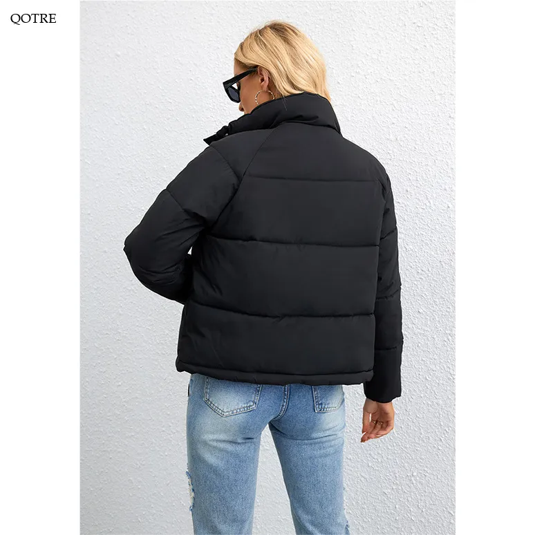 Cropped Zippered Pocket Stand-Up Collar Puffer Jacket