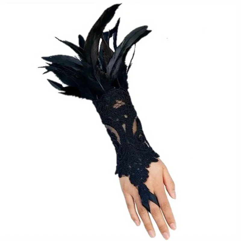 Elegant Lace Gloves with Faux Feather Detail for Special Events