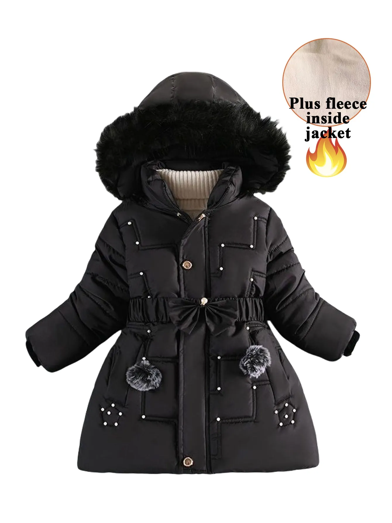 Girls Pearl Bow Hooded Cotton Jacket