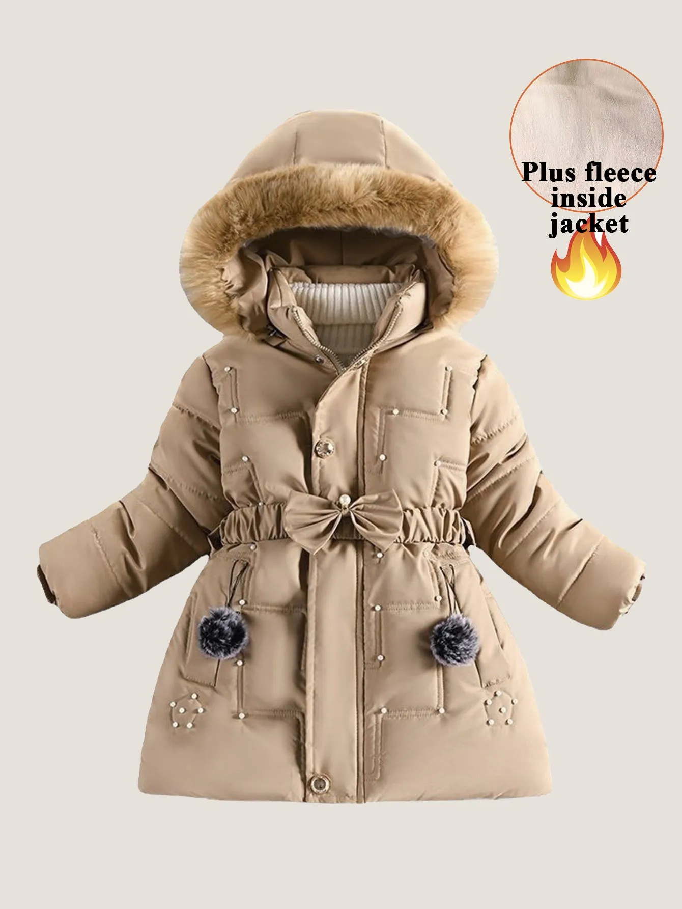 Girls Pearl Bow Hooded Cotton Jacket