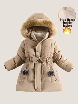 Girls Pearl Bow Hooded Cotton Jacket