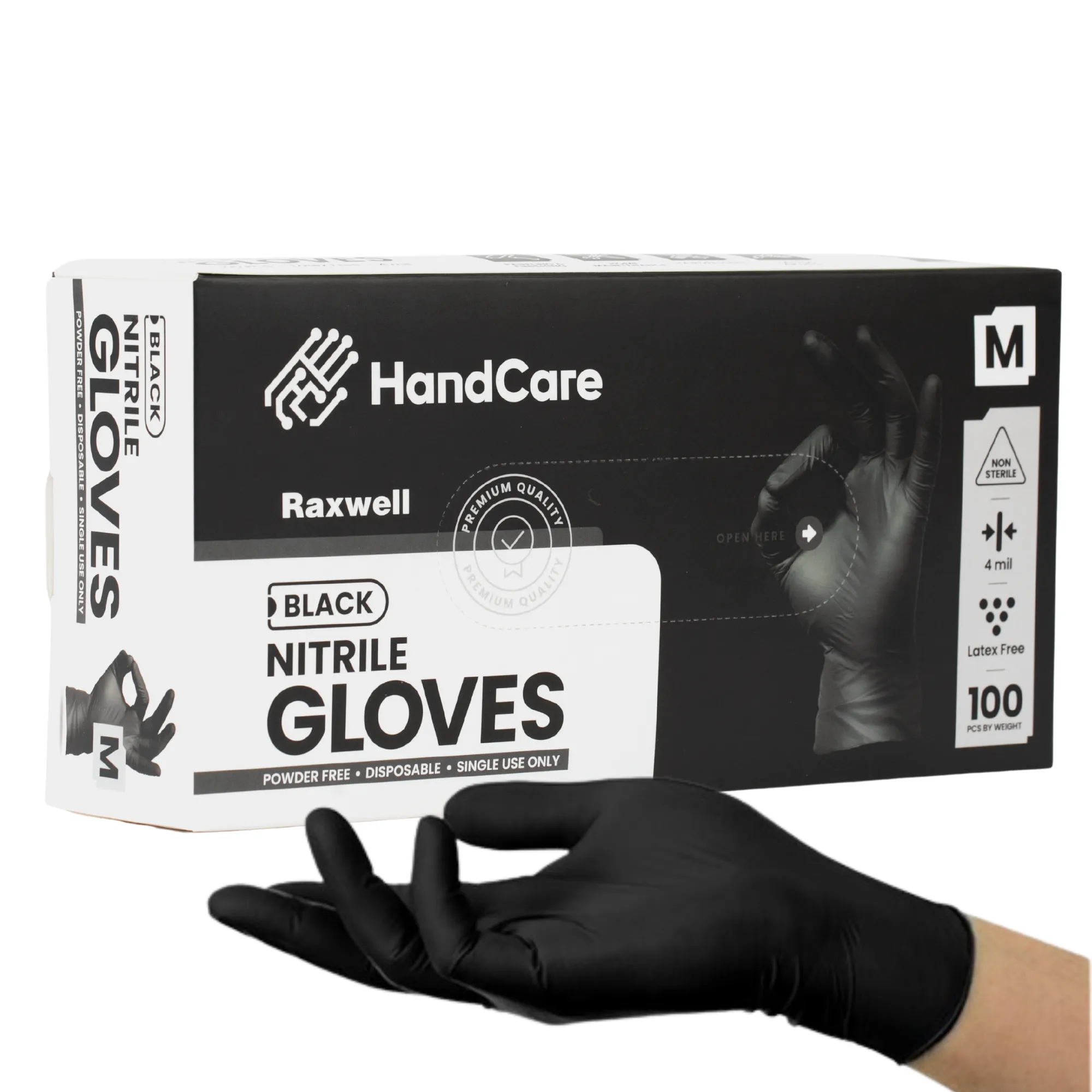 HandCare Black Nitrile Gloves - Exam Grade, Powder Free (4 Mil) 100 Cases (Bulk)