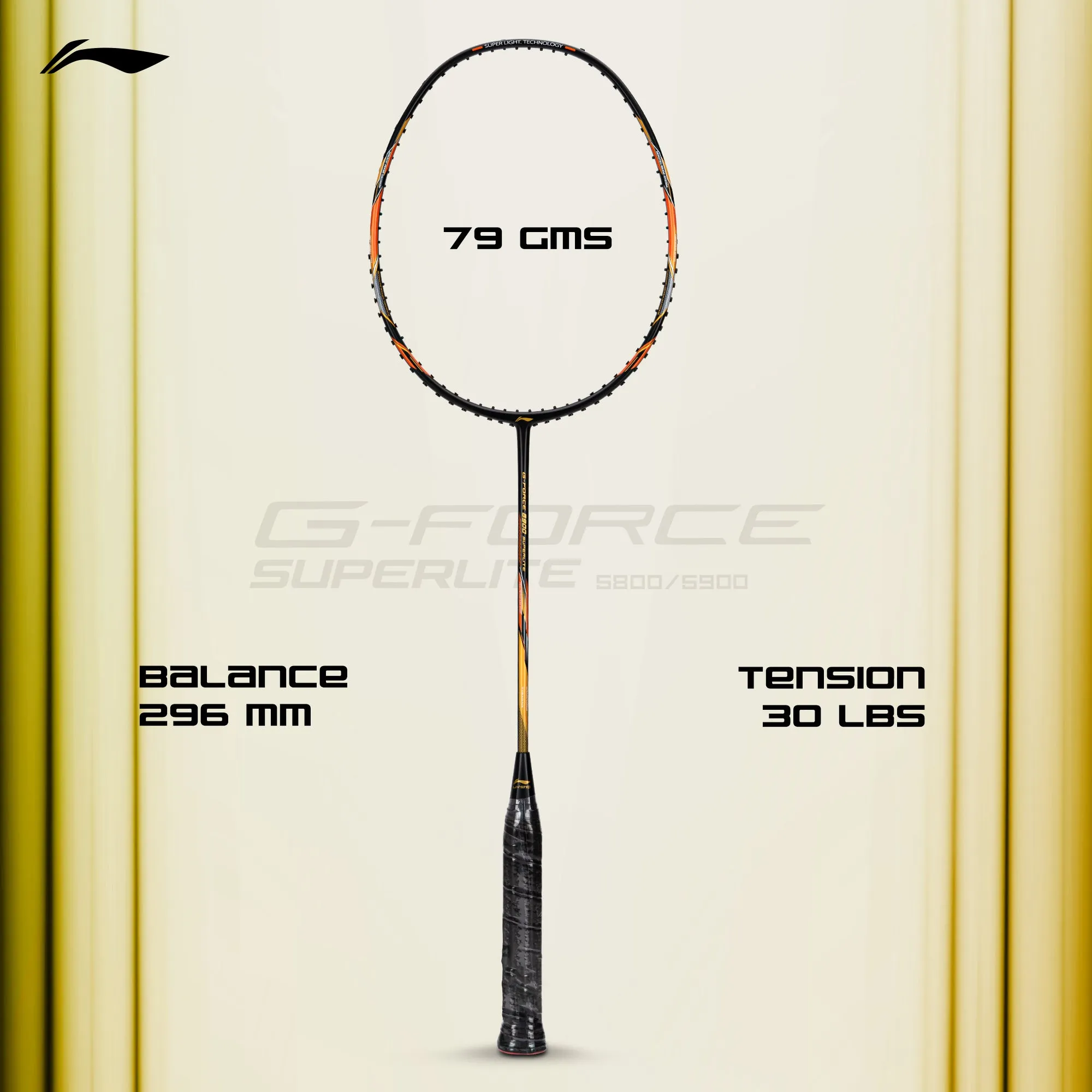 Li-Ning G-Force 5900 Superlite / 79 grams / G6 Unstrung Badminton Racquet (Black / Gold)