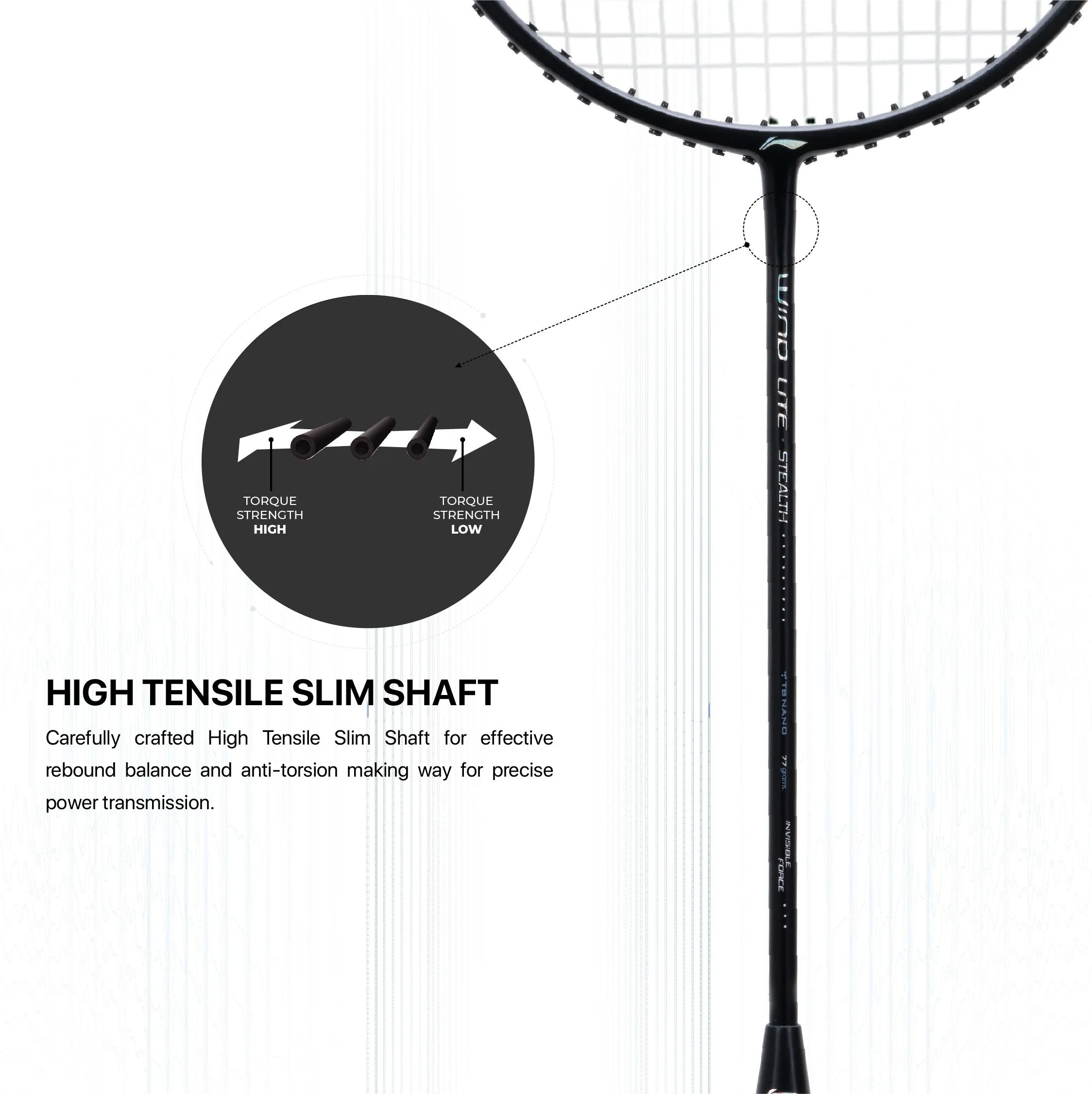 Li-Ning Wind Lite Stealth Strung Badminton Racquet 78 grams (Black / Grey)