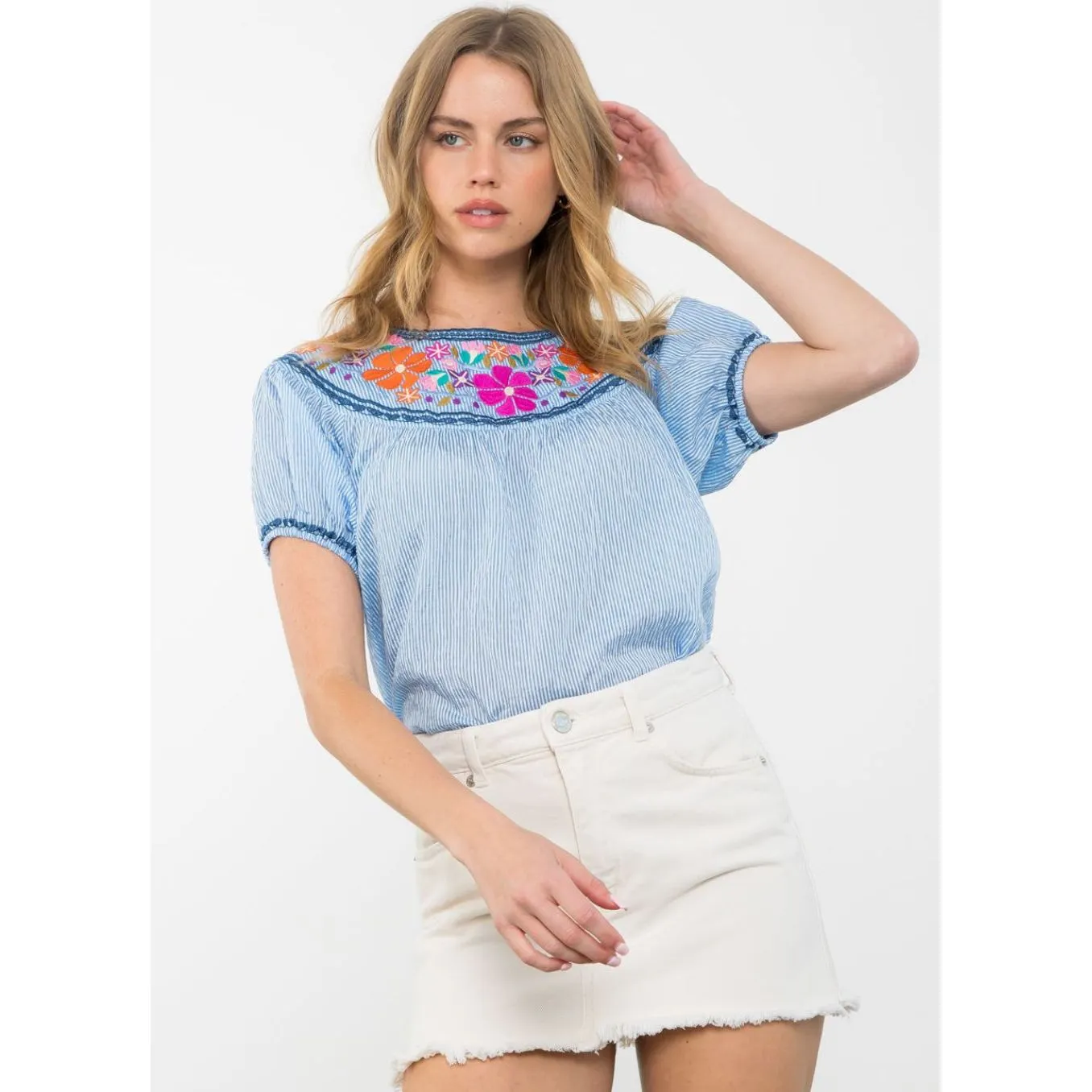 Lizzie Embroidered Puff Sleeve THML Top- SALE