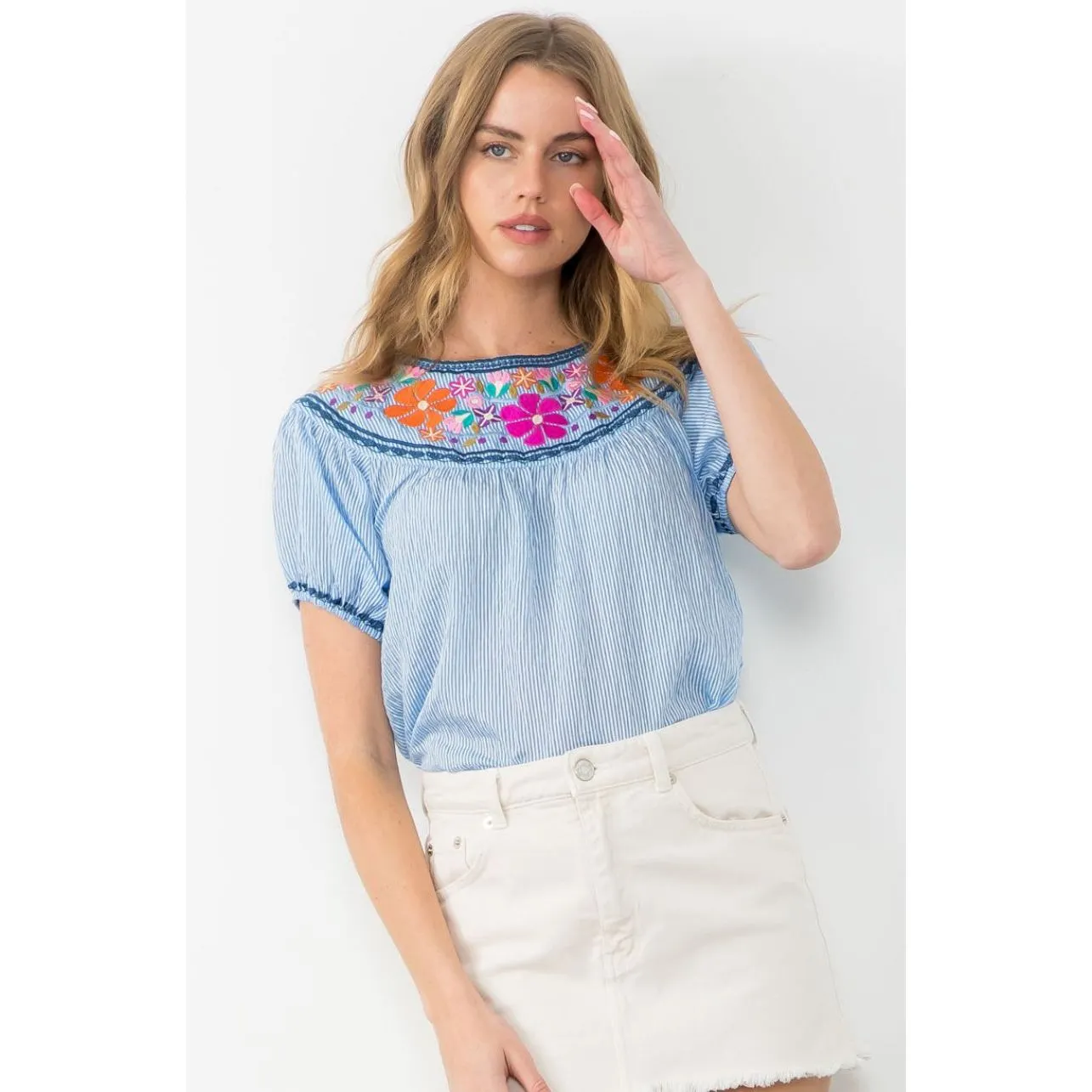 Lizzie Embroidered Puff Sleeve THML Top- SALE