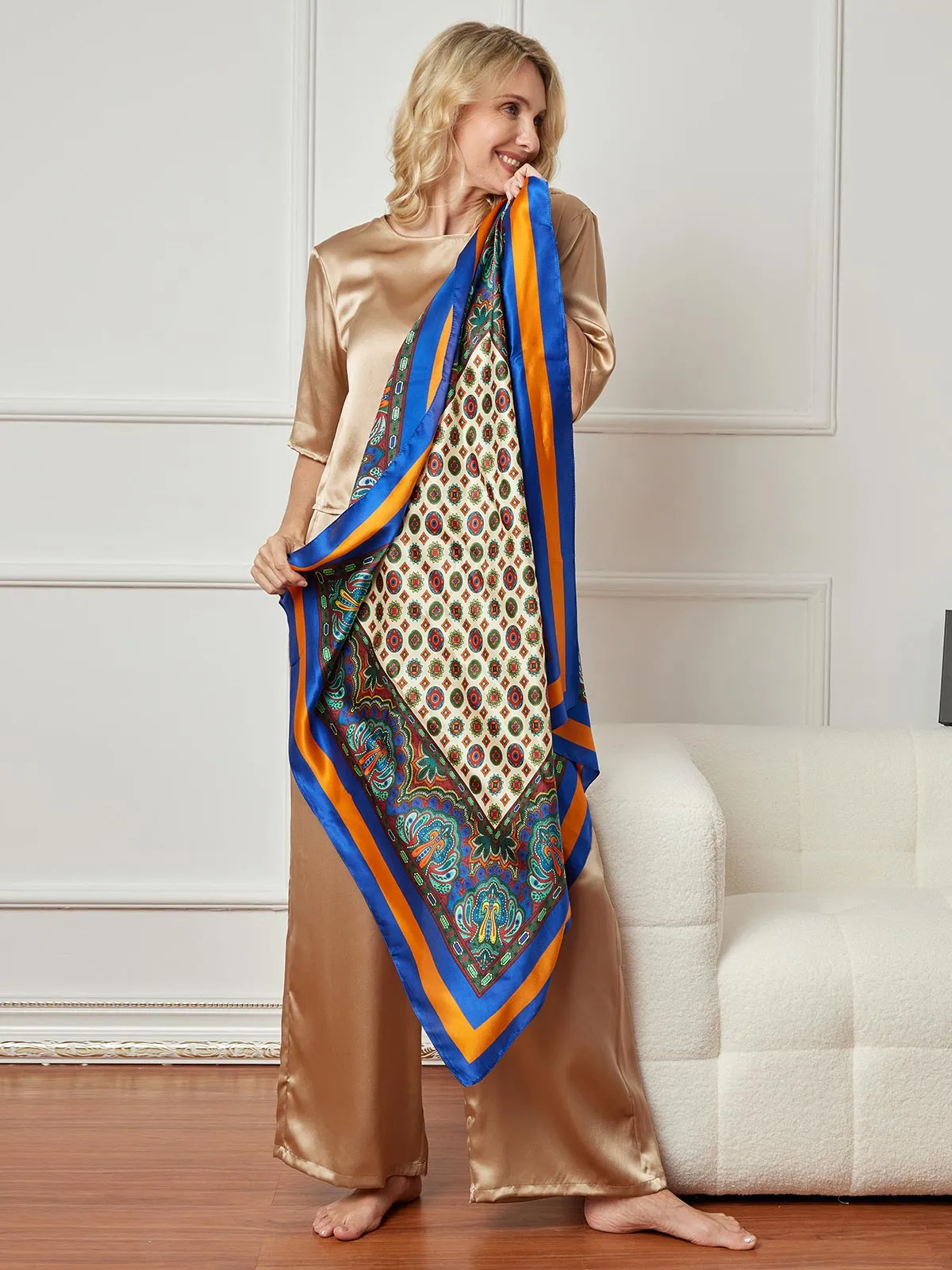 Pure Silk Printed Bohemian Square Scarf / Shawl 86x86cm