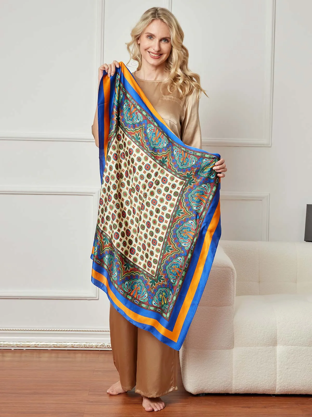 Pure Silk Printed Bohemian Square Scarf / Shawl 86x86cm