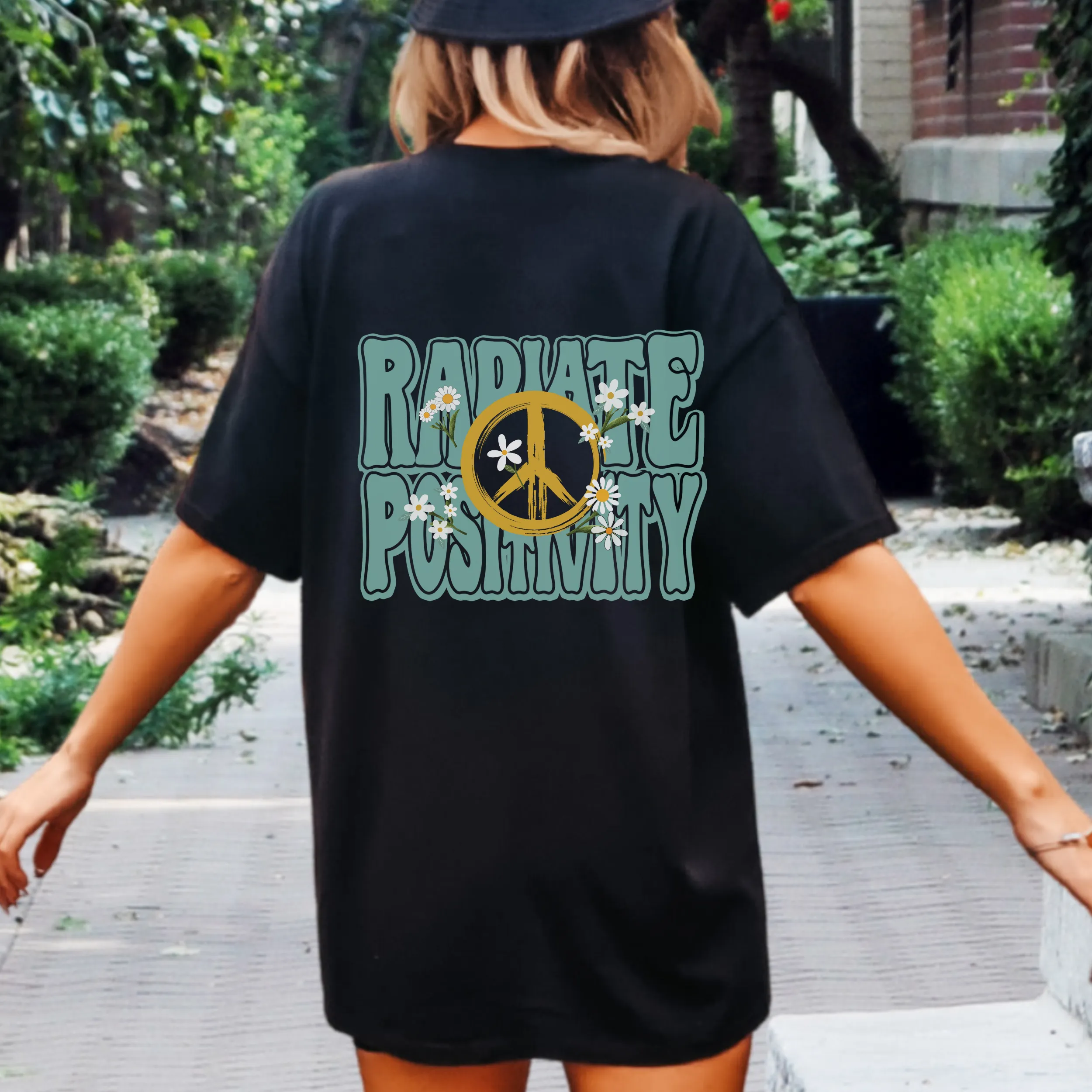 Radiate Positivity Unisex Comfort Colors® T-shirt, Women's Distressed, Retro, Positive Energy, Kindness T-Shirt, Black or Pepper with Black Design