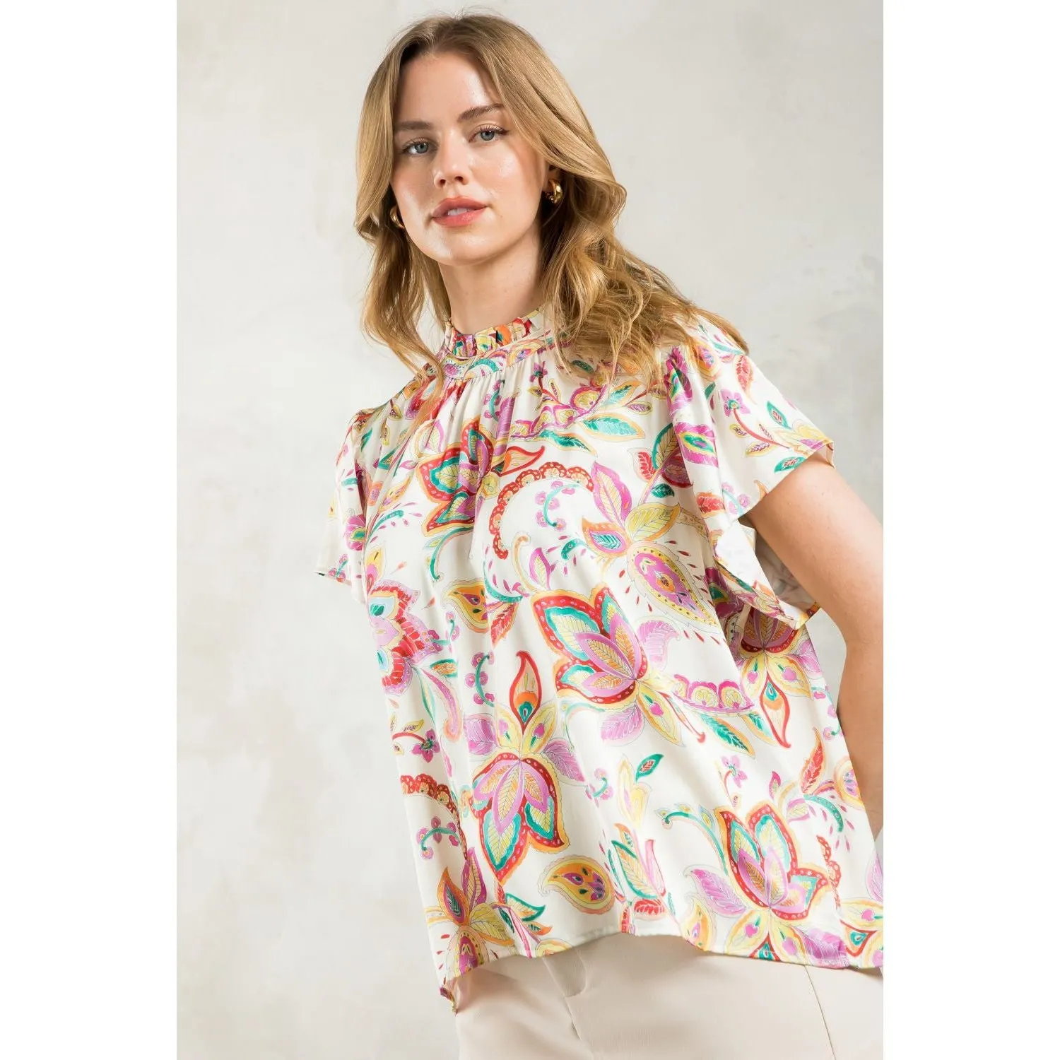 Sharla Flutter Sleeve Print THML Top-SALE