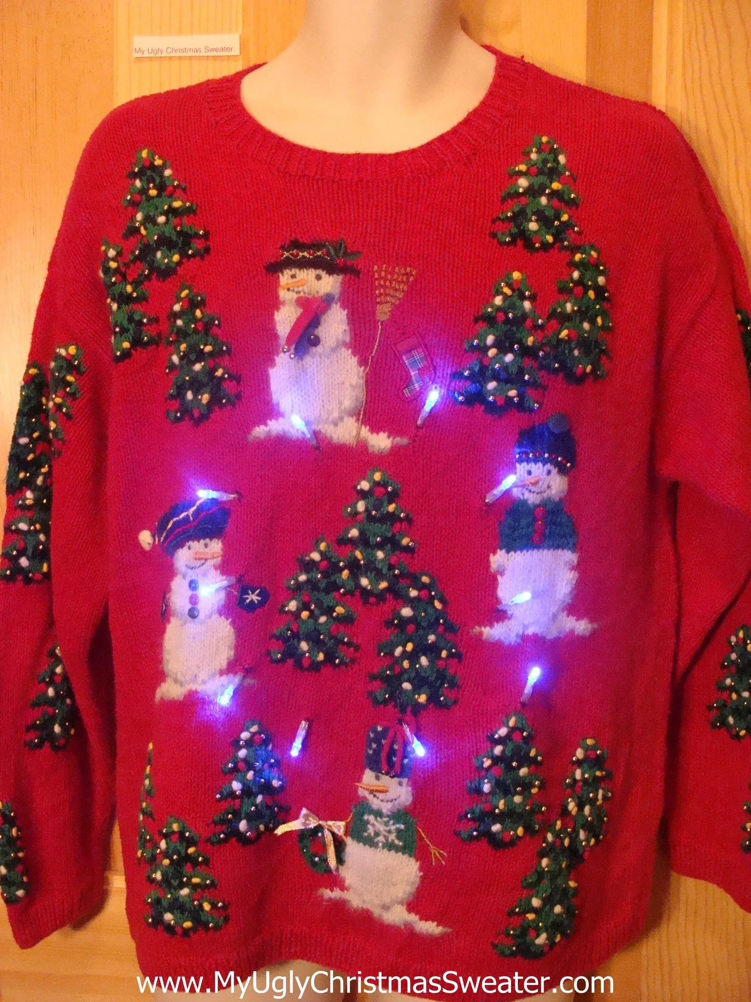 Tacky Light Up Christmas Sweater Snowmen Trees Front, Back and Sleeves