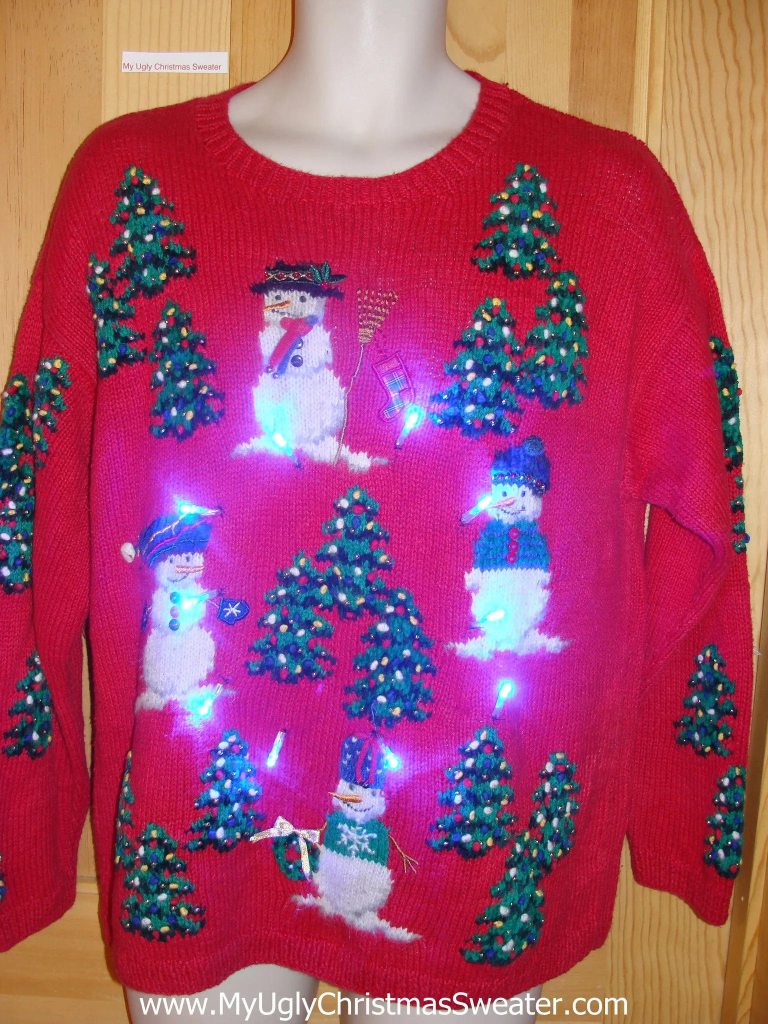 Tacky Light Up Christmas Sweater Snowmen Trees Front, Back and Sleeves