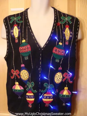 Tacky Light Up Christmas Sweater Vest with Ornaments on Front and Back