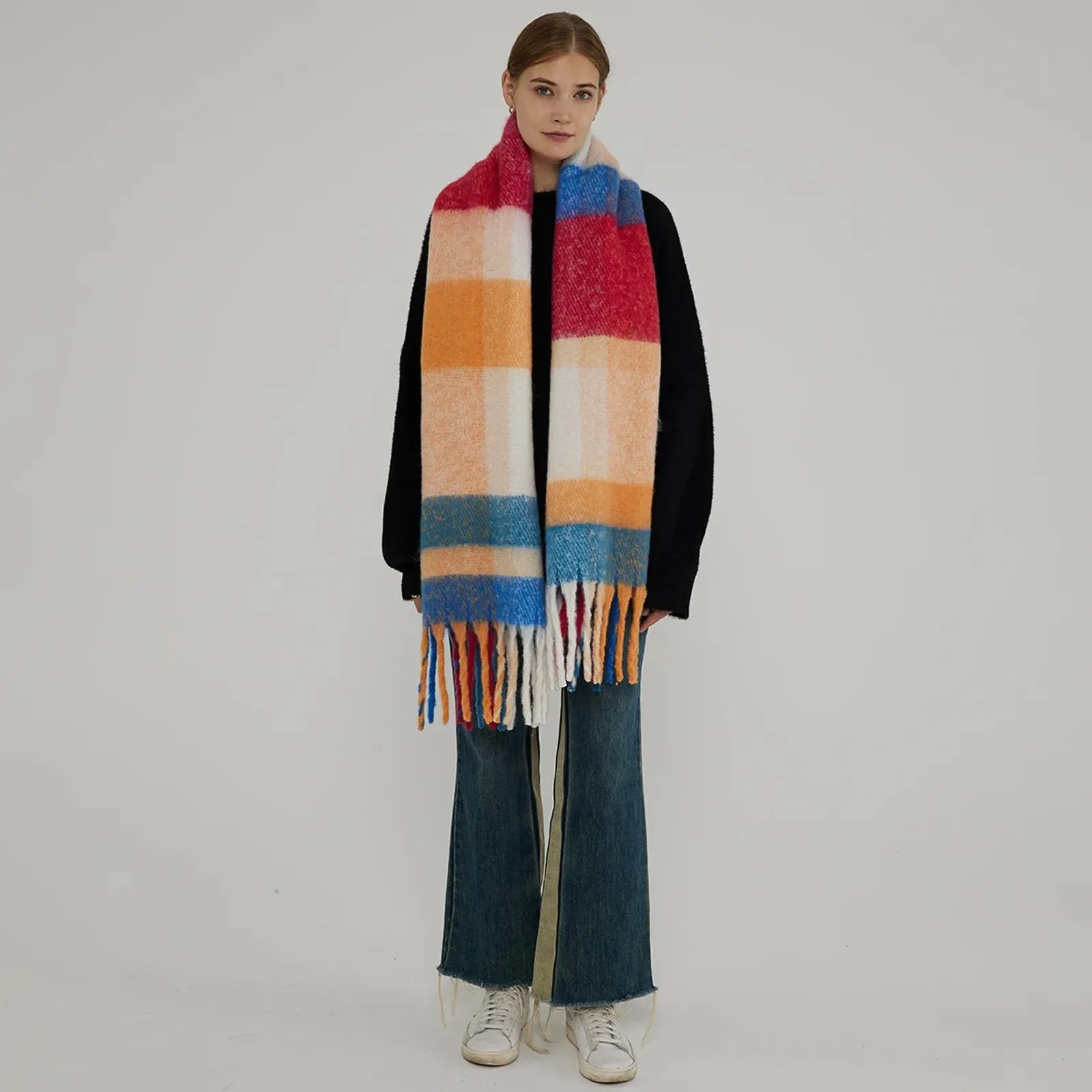 Thick Warm Tassel Contrast Color Scarf for Autumn/Winter