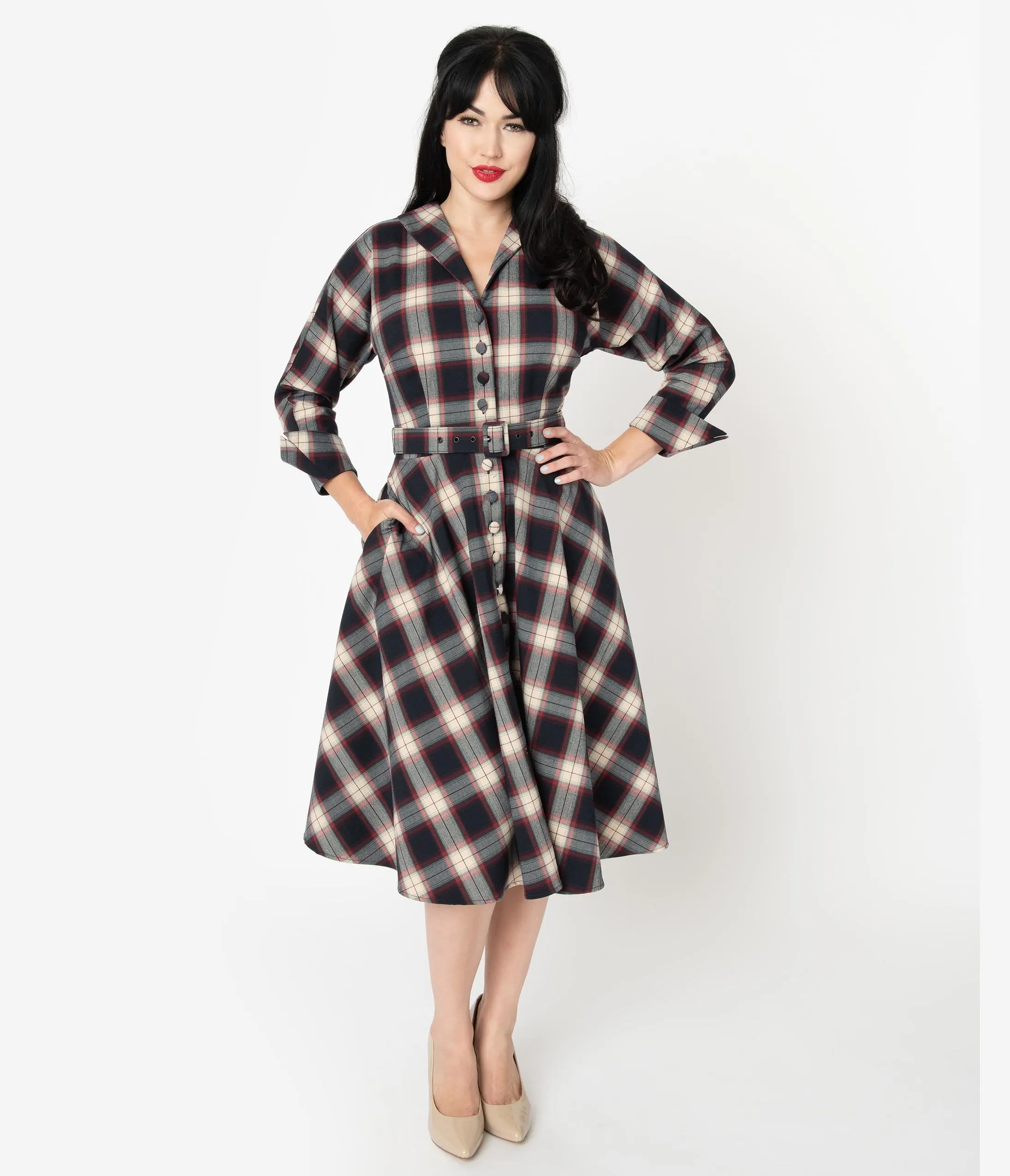 Unique Vintage Navy & Cream Plaid Sleeved Brooklyn Shirtdress