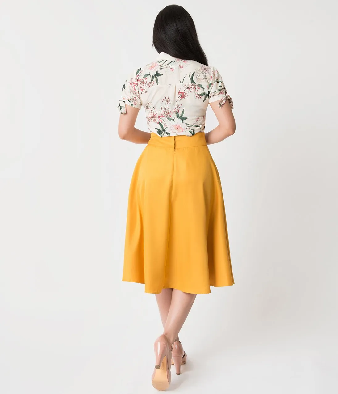 Unique Vintage Retro Style Mustard Yellow High Waist Vivien Swing Skirt